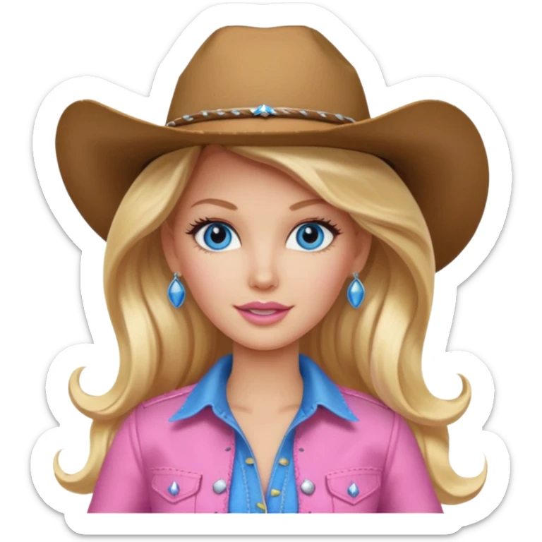 Cowgirl barbie in a pink outfit with cowboy hat with long blonde hair and blue eyes sticker
