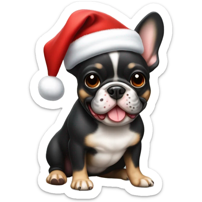 A small, black-and-tan French bulldog with a mostly black face and tan paws, wearing a classic red and white Santa hat, sitting happily with its tongue slightly out. sticker