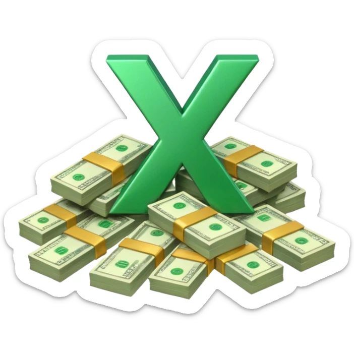 start with a 3d number 10 and letter x, "10x" and to its right, a cash pile, make bills rectangular, looking like 10x CASH PILE,  sticker