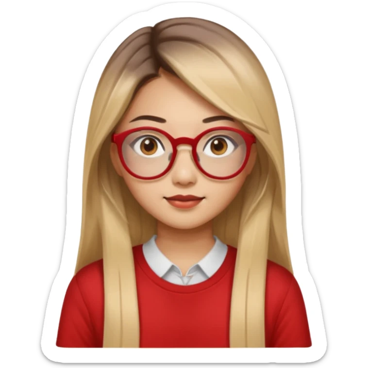 20 yr old asian woman, straight thick long brown hair, blond at ends of hair, center part to hair, big red glasses, brown eyes, casual shirt sticker