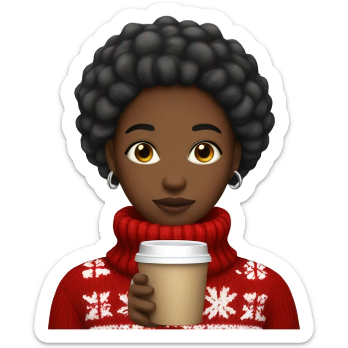 A black girl with straight hair wearing a puffer,underneath a Christmas jumper,holding coffee and  sticker