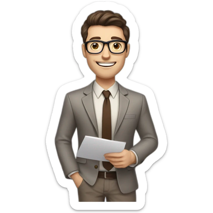 Pale skinned fit man with dark brown hair in gray jacket, beige office shirt, brown tie, brown pants and vintage glasses Writing on the flipchart sticker