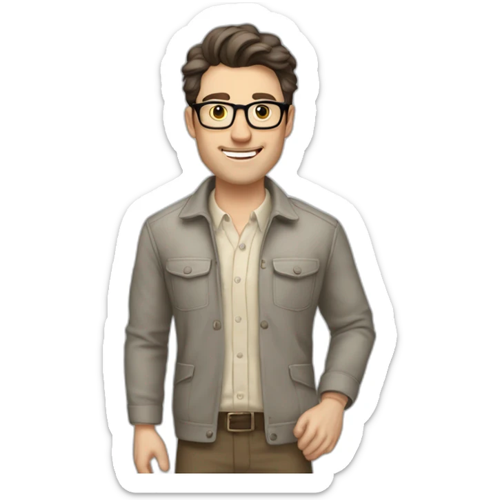 Joyful Full height Pale skinned Fit Man With dark brown hair in gray jacket, beige office shirt, Brown pants and vintage glasses. His thrumbs up sticker