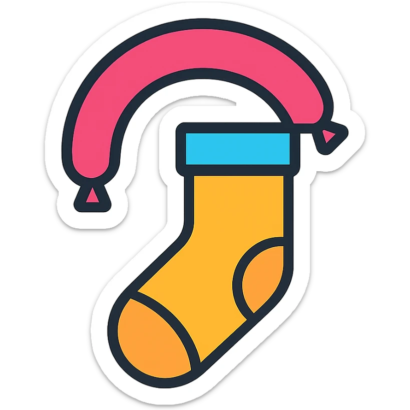 stylized icon of a sock and sausage combined, outlined with a pop of color, designed for digital use sticker