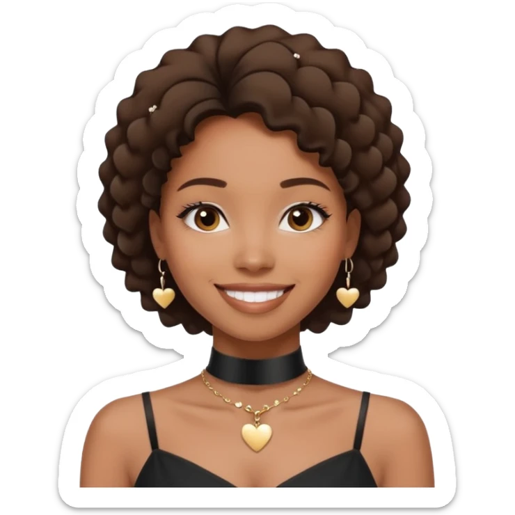  young African-American woman 
She is wearing a black dress and a choker necklace. The woman is smiling and looking directly at the camera. The background is blurred, but it appears to be a dark and moody setting with small white hearts scattered around. In the center of the image sticker