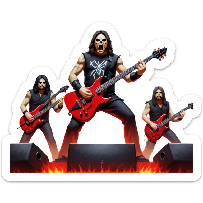 Icon for Heavy Metal: Slayer band on stage during a live concert, with guitars, drums, and intense lighting effects. The atmosphere is charged with energy, and the iconic Slayer logo is visible. Transparent background. sticker