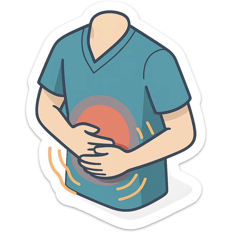 torso in clothing, hands holding painful stomach, waves of pain, 2d isometric style, shadows and highlights, no face and legs, only torso in clothing, stomach, hands and pain, transparent background sticker