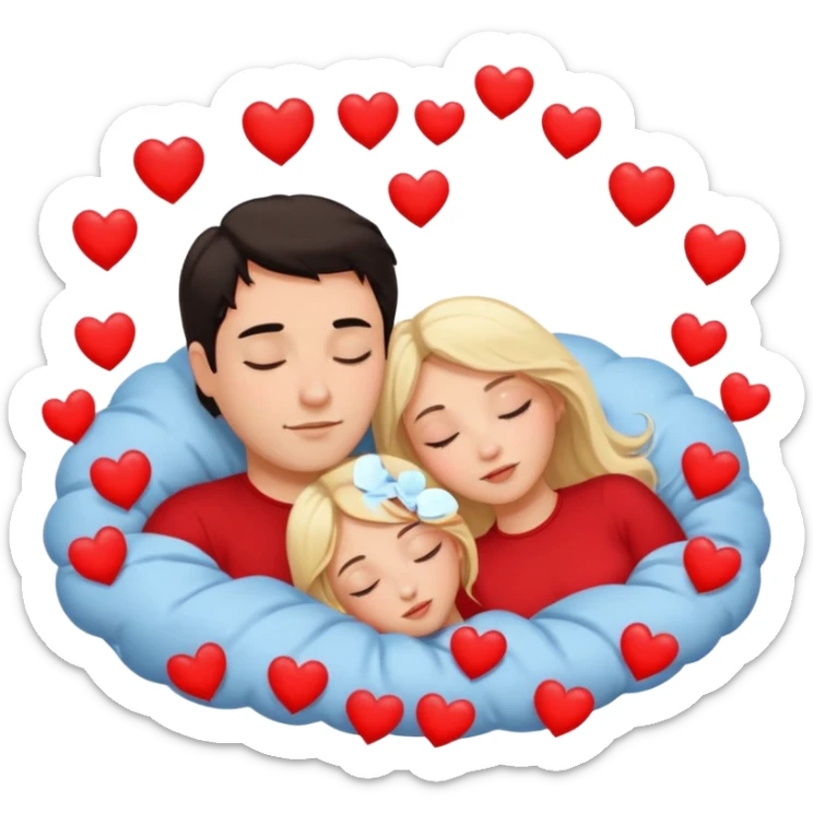 Sleeping romance couple. man has dark hair. woman is blonde. hearts surrounding them. no third person. sticker