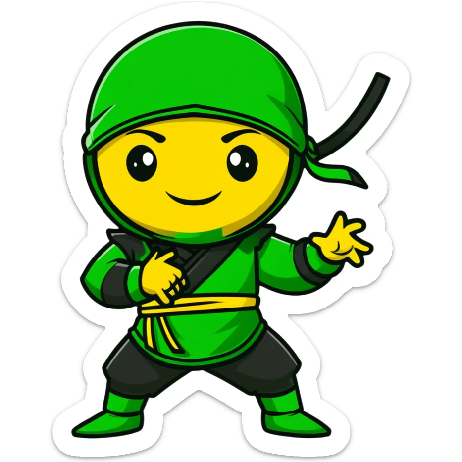 A confident ninja in yellow, green and black merged colors, smiling and saying "HI" sticker