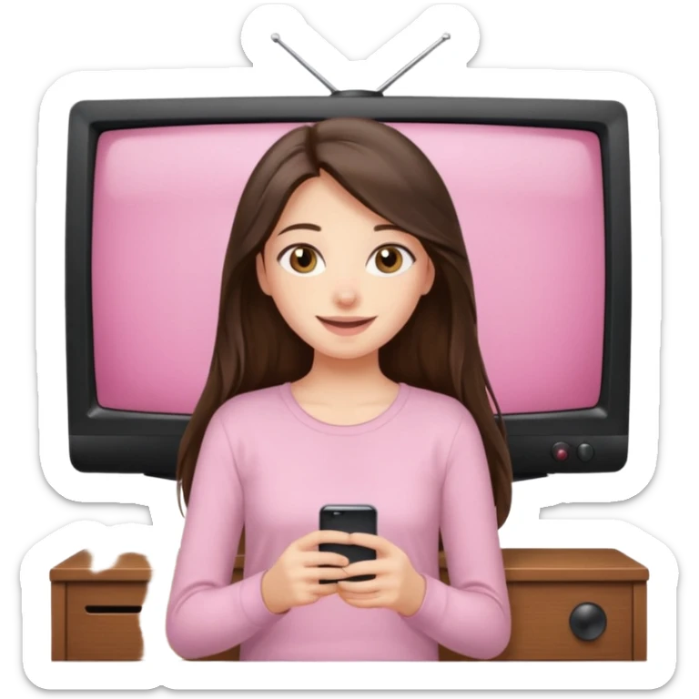 happy long haired brunette girl hazel eyes in light pink watching tv sticker