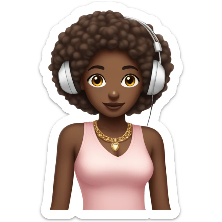 African girl. Afro. Wearing white headphones. Listening to music. Wearing a light pink v neck top. Gold Jewelry. Makeup. Blush. sticker