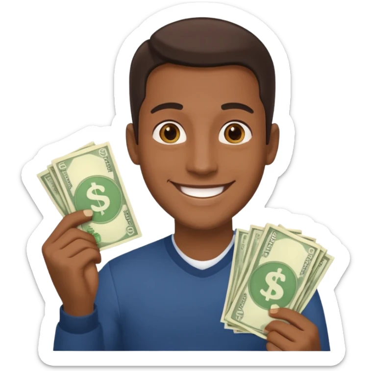 Create a photorealistic emoji of a happy man holding money. 4 different options sticker