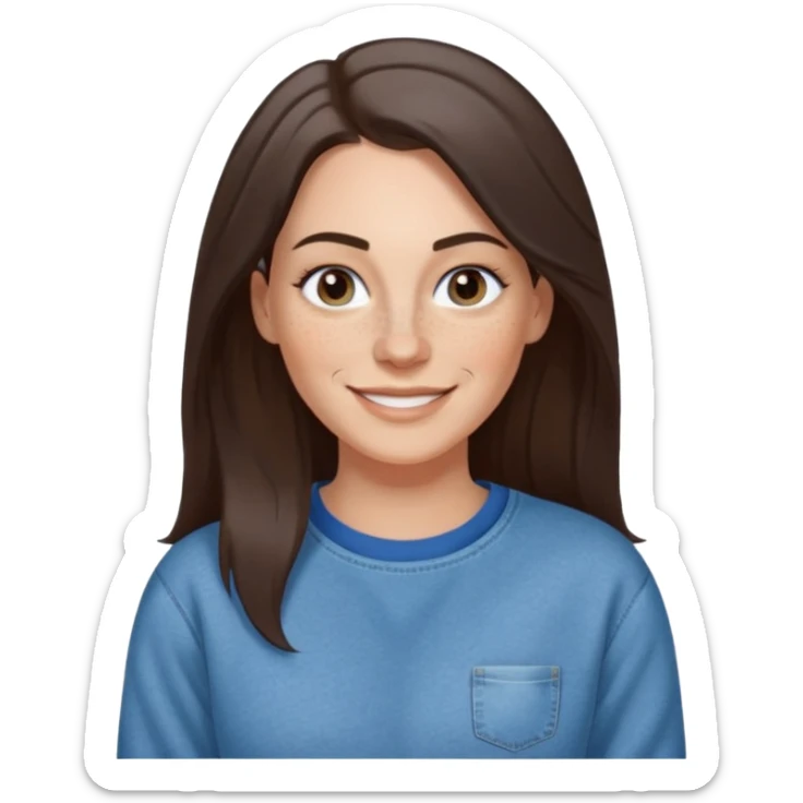 A 38 year old white woman with long dark brown hair parted in the middle. She has a nose ring. She has freckles and is wearing a sweatshirt and jeans smiling sticker