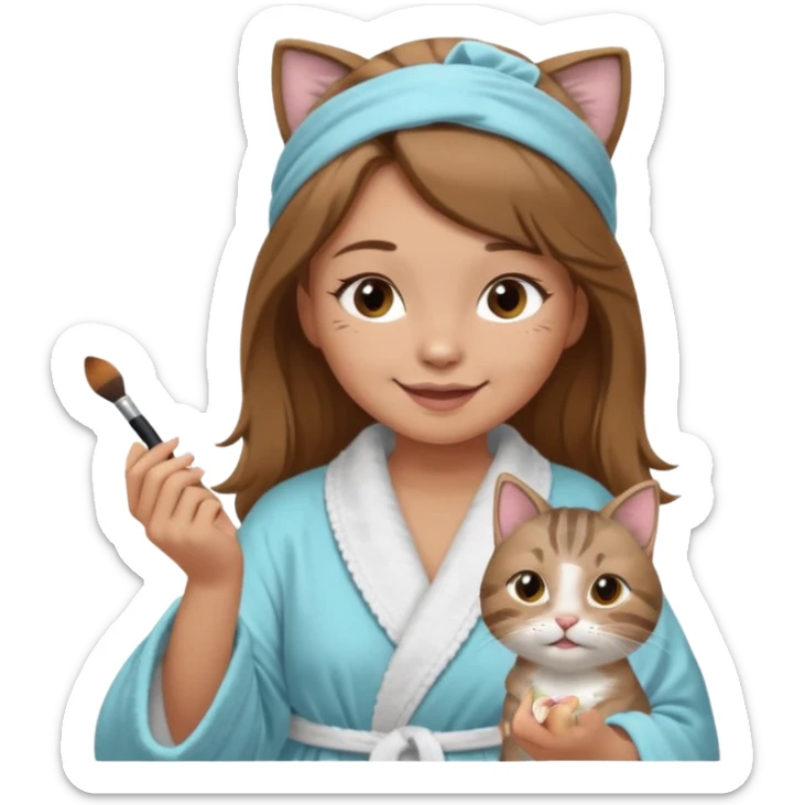 A image of a girl with light long brown hair wearing a bathrobe and headband doing her makeup with her chubby grey tabby cat. She is smiling sticker