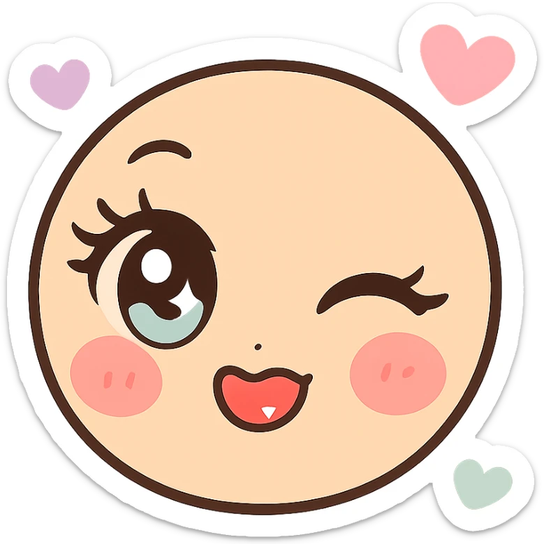 kawaii manga emoji with large sparkling eyes, long eyelashes, seductive wink, red cheeks, glossy lips, pastel accents, soft shading, HD, 512x512 pixels, transparent background, cute and sexy expression sticker