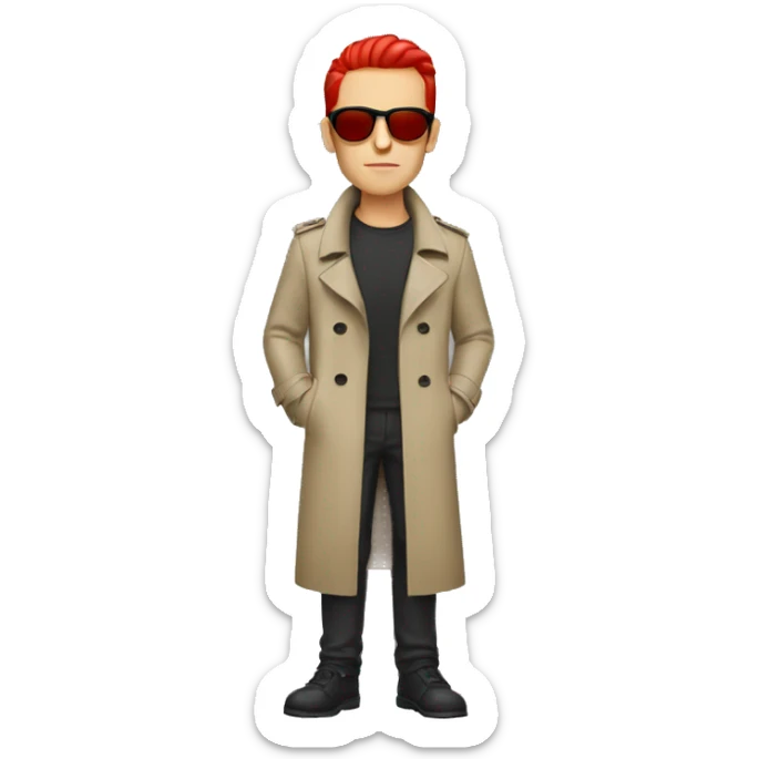 A white dude with red slicked back hair, sunglasses, a red soul patch and a trench coat sticker