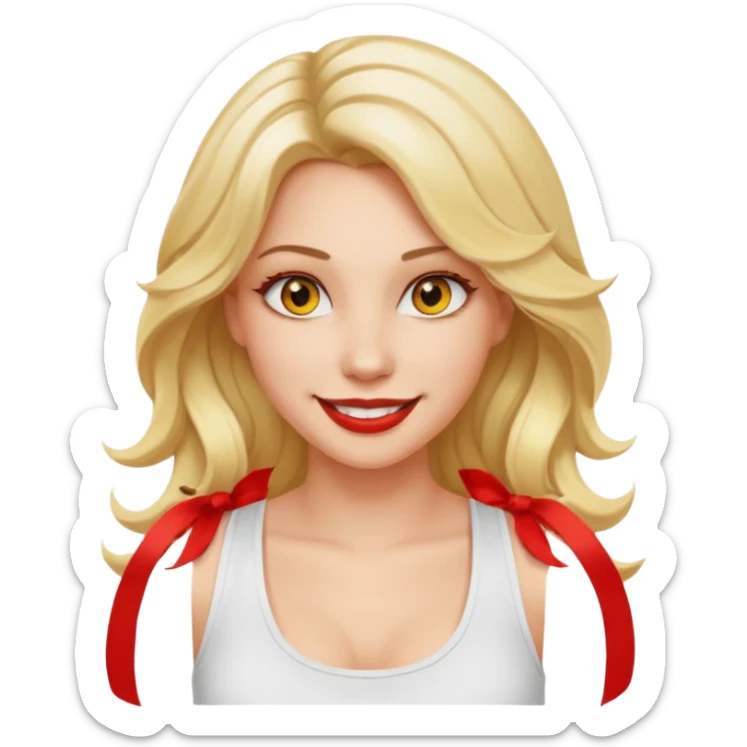 a woman with white tank top and smile, her hair is long wavy blonde hair, her face is baddie girl style, her eyes color are yellow and the color of her lip is soft red sticker