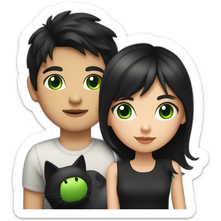 girl and boy with black hair and black and white cat with green eyes sticker