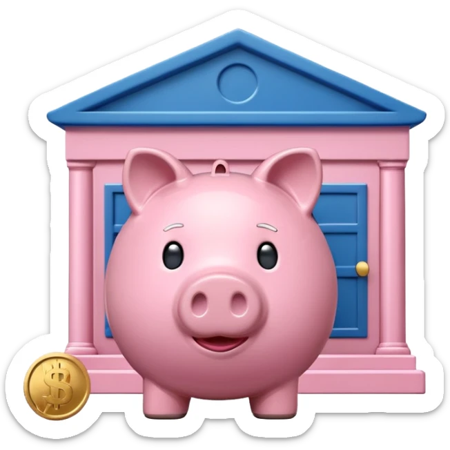 A clean emoji-style icon: A piggy bank with a coin, placed in front of a small bank building. The bank symbolizes company pension and financial security. Rounded forms, flat colors, minimal details like a standard emoji. sticker