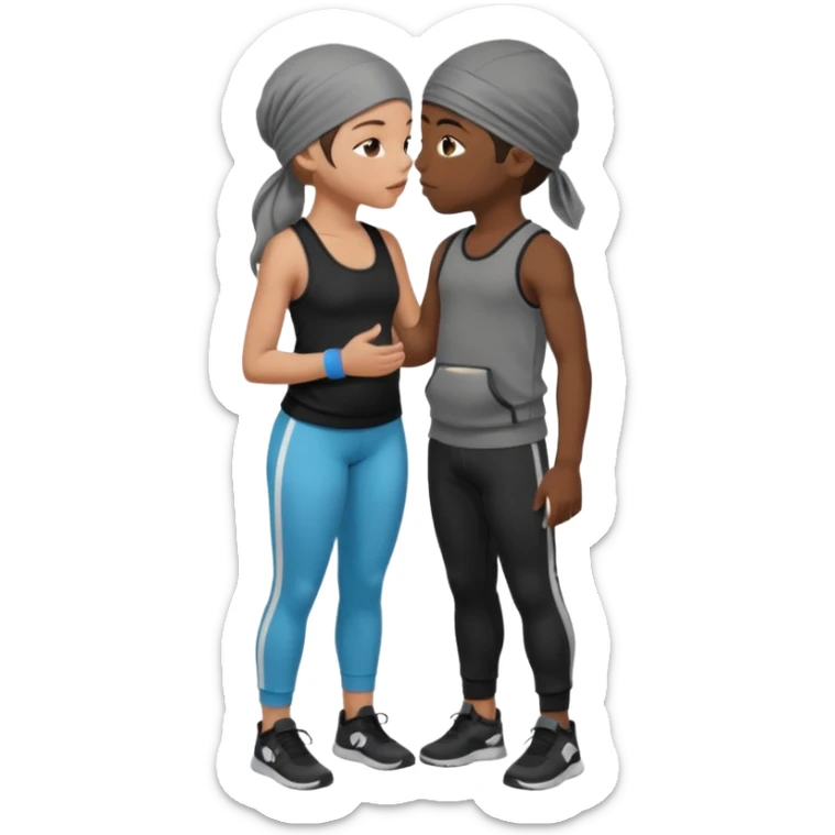 A girl with dark brown hair, light skin and blue wear black leggings and a black tank top kissing a boy with dark skin and a grey tracksuit wearing a du rag  sticker