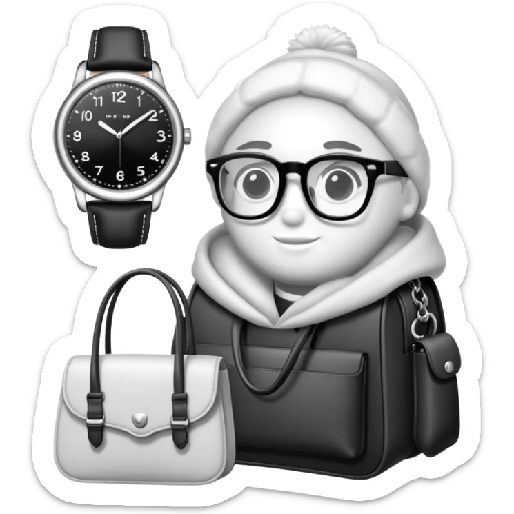 bags and watches, and glasses, all black and white put together like a bundle sticker