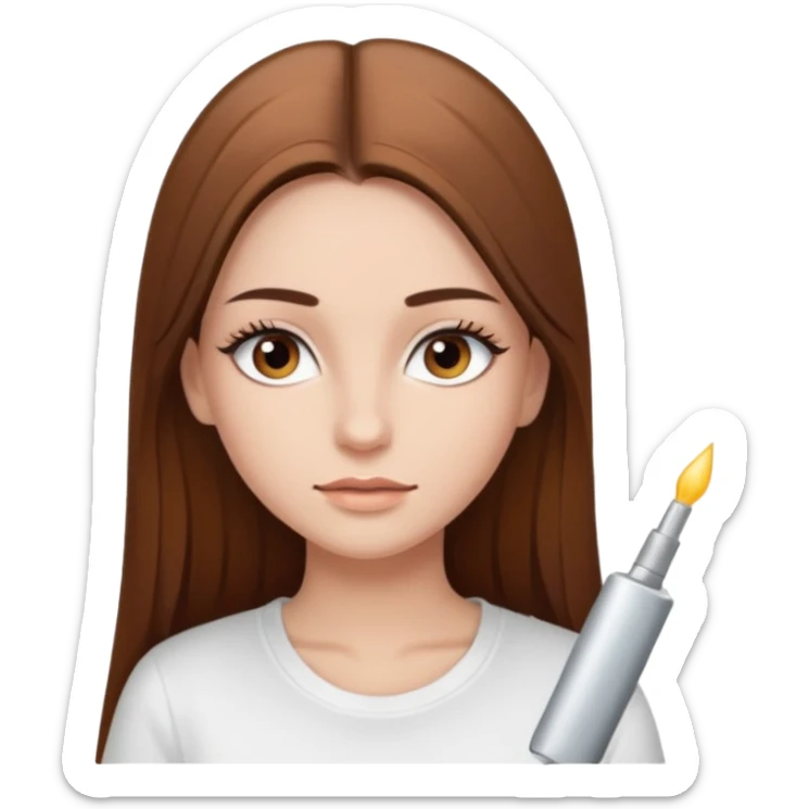 Chica de pelo liso ,largo clean look  y marrón con ojos color marrón  y una camiseta blanca y la piel blanca con pestañas y maquillada clean look  sticker