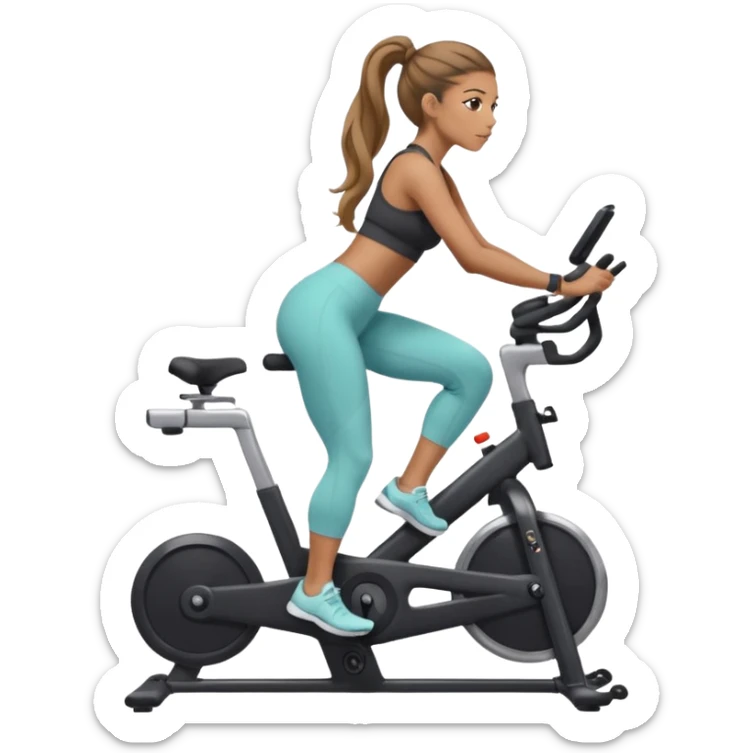 woman with long hair tied up in ankle-length leggings on a stationary bike sticker
