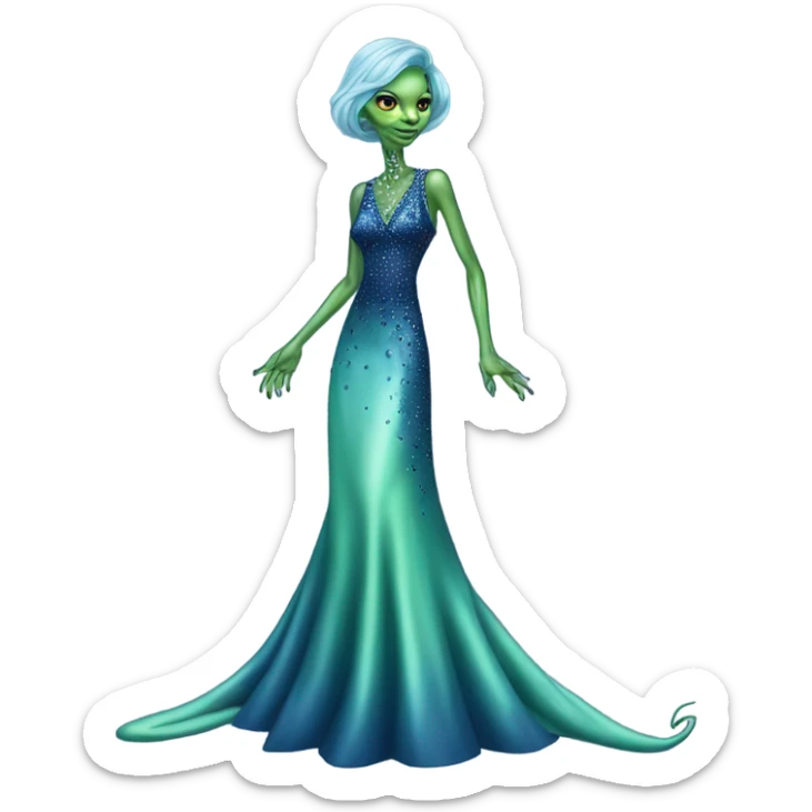 reptilian green alien woman, in long slim pastel blue formal party satin dress with gradient shiny sparkling navy blue diamonds embroidered, full body full figure sticker