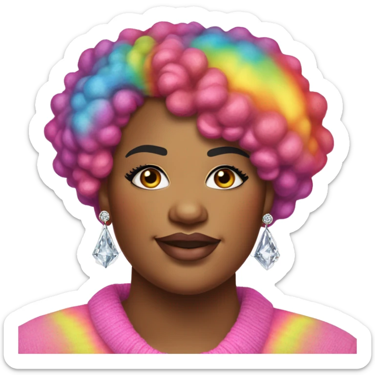 Large Plus size black woman with edgy pink curly pixie cut hair and a rainbow tie dye sweater , and diamond stud earrings  sticker
