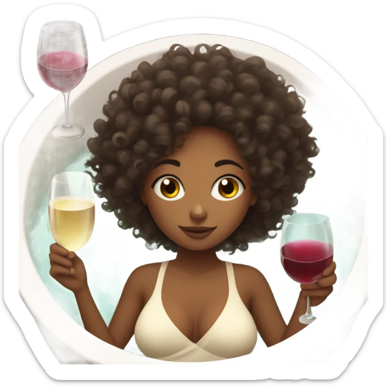 Curly hair Girl relaxing in spa with iPhone in hand and wine next to her sticker