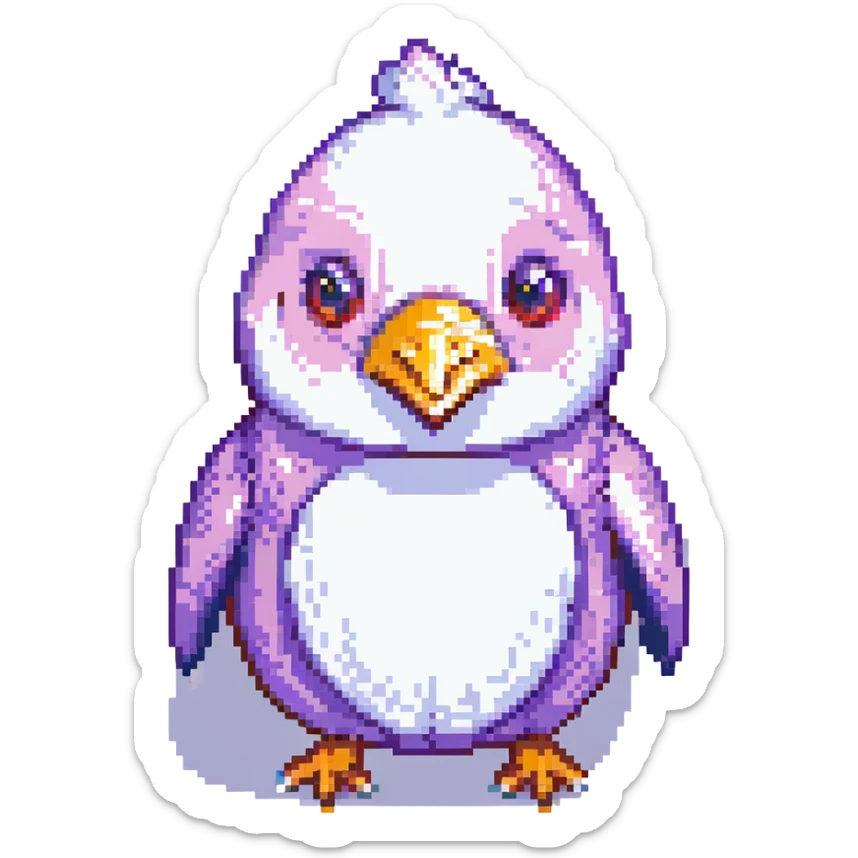 pixel art of a hybrid animal: chicken, pig, and penguin, featuring red teeth and a purple nose sticker