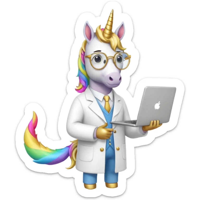 Unicorns holding laptop book
A full body of scholar unicorn wearing round glasses, holding a laptop. sticker