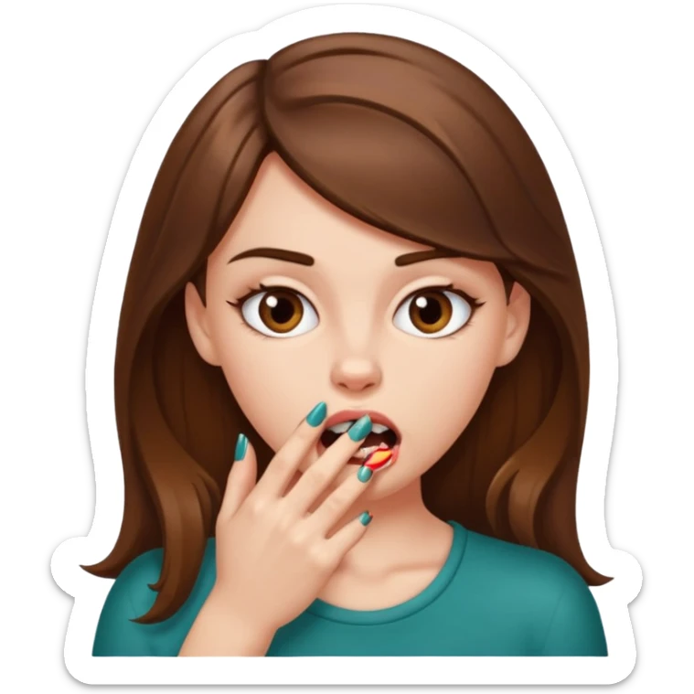 Une fille brune et blanche qui se mord un ongle entre ses dents (l'ongle est coincé entre les deux canines gauche) avec des manières comme si elle draguait qqn sticker