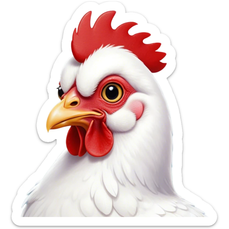 Cinematic Cute White Chicken Portrait Emoji, Head tilted playfully and inquisitively, featuring smooth, immaculate white feathers and a delicate red comb, round, sparkling beady eyes filled with curiosity, Simplified yet irresistibly adorable features, highly detailed, glowing with a warm, friendly glow, high shine, affectionate and lively, stylized with a touch of farmyard whimsy, bright and endearing, soft glowing outline, capturing the essence of a mischievous yet loving chicken, so playful it feels like it could peck out of the screen and into your arms! sticker