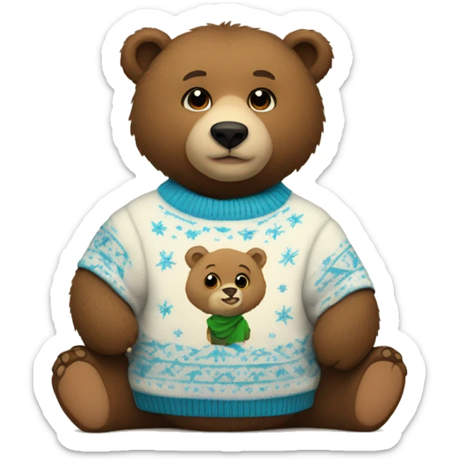 The bear cub is wearing a New Year's sweater with the word Grigor written on it sticker