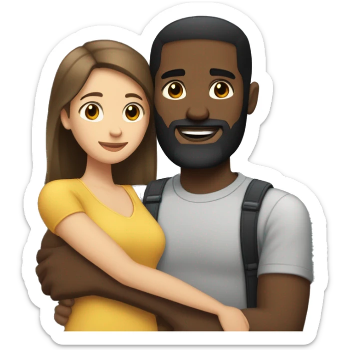light skin woman with medium long straight brown hair hugging black man with very short dark hair and a long dark beard sticker