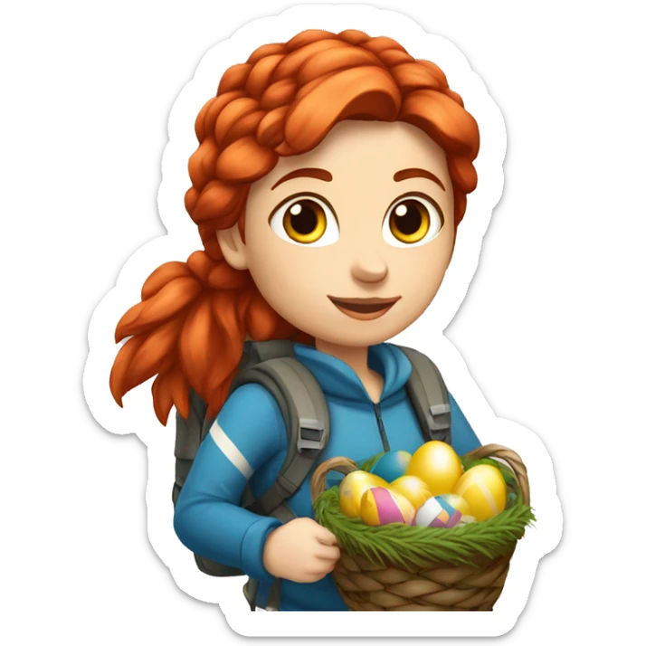 Female winter mountaineer red hair white skin climbing with Greek Flag and Easter eggs basket sticker