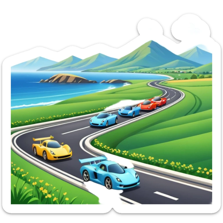 A busy coastal highway with cute fast-moving racing cars with active aero canards surrounded by green fields and distant mountains under a bright blue sky sticker
