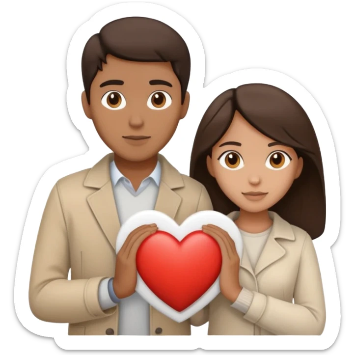 A couple with dark brown hair and mixed skin tone inside a white heart, wearing beige clothes sticker