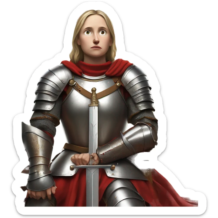 Joan of arc in medieval armor kneels, looking upward, with hands resting on a large sword. They're dressed in a red garment under the armor. sticker