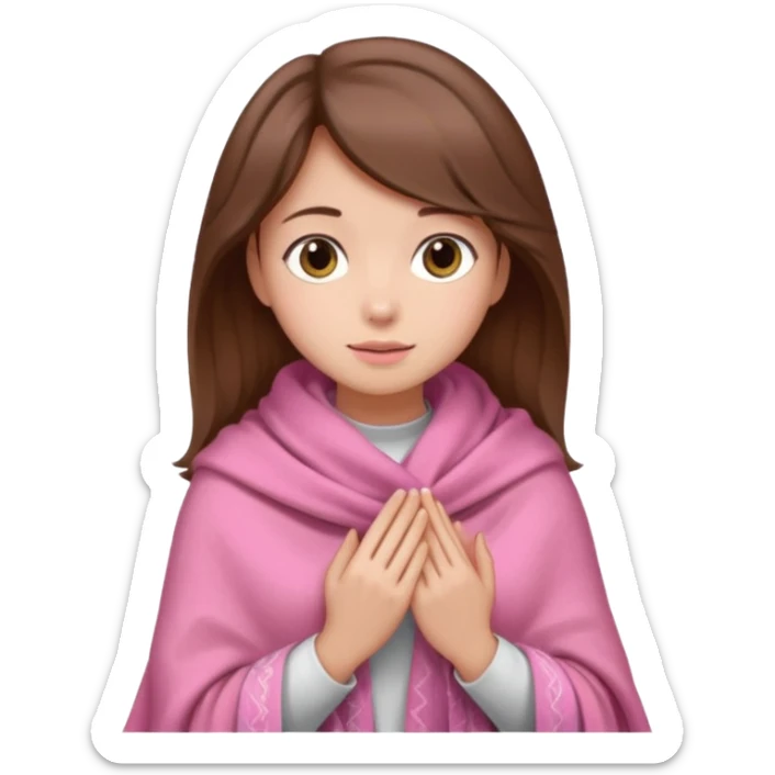 A girl with brown hair, wearing a pink shawl, has beautiful features and her hand rests on the shawl. sticker