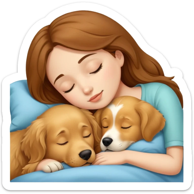 a girl with brown hair sleep with a golden retriever dog sticker