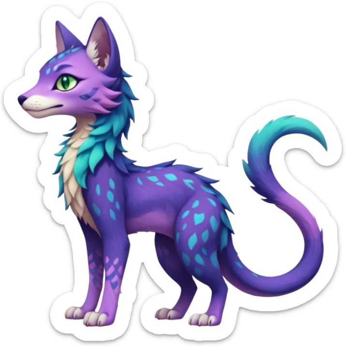 Kawaii dark blue indigo cyan purple violet pink beige white fantasy ethereal feline-vernid-sergal-fursona animal creature with a tufted tail full body with intricate markings, hazel-gold-green eyes sticker