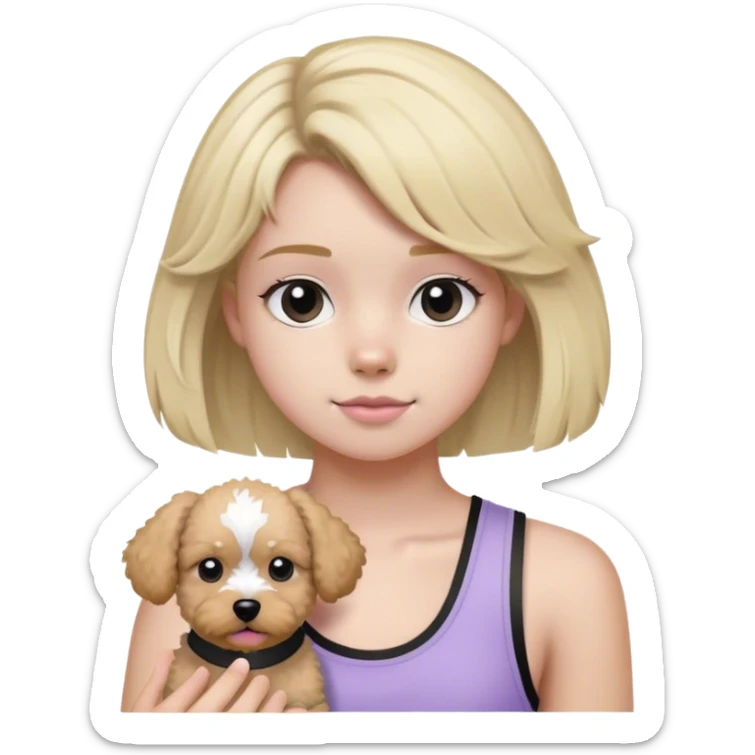 Blonde haired teenager wearing light purple tank topBlack and white and gray poochon dog  sticker
