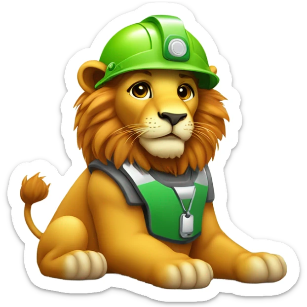 Cute Lion wear safety helmet as call center in green and orange theme  sticker