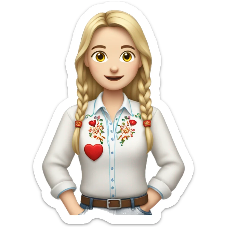 A Ukrainian teacher in an embroidered shirt holds a heart in her hands sticker