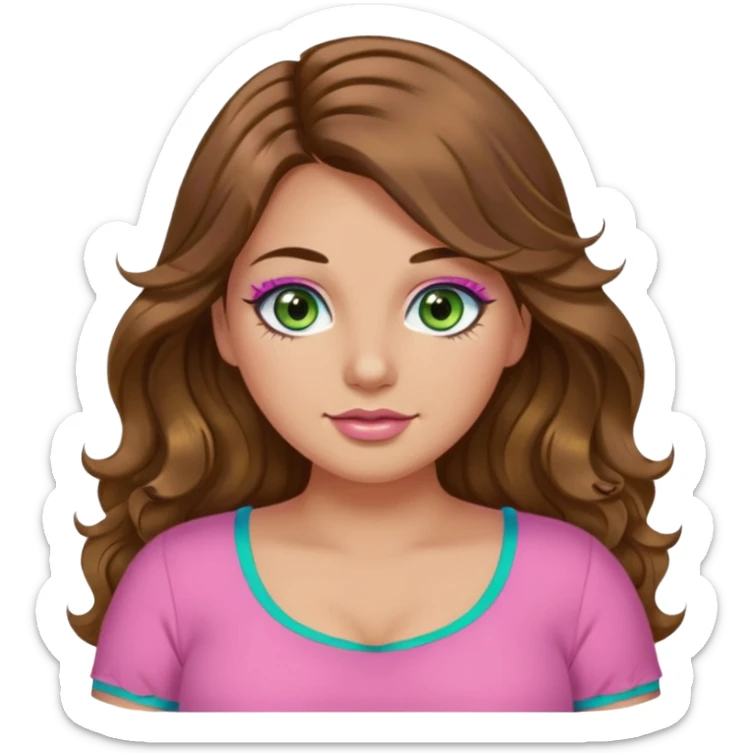 Girl girl long wavy brown hair, green/blue/gold eyes, plus size, pink girly top, eyelashes, tan skin sticker