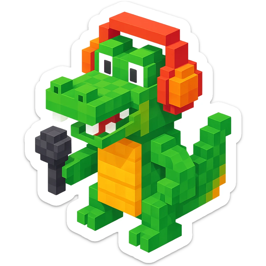 crocodile with headphones holding a microphone, isometric view, voxel style sticker