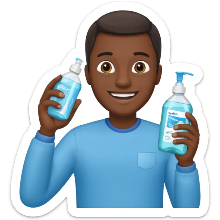 Apple-style emoji of a Black man holding a bottle of mouthwash and smiling sticker