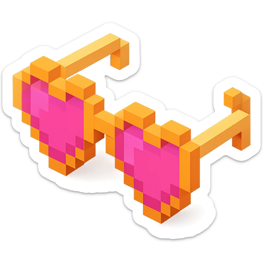 Voxel-style pink glasses with pink lenses, no background, following the silhouette from the reference image, with a different shape. sticker